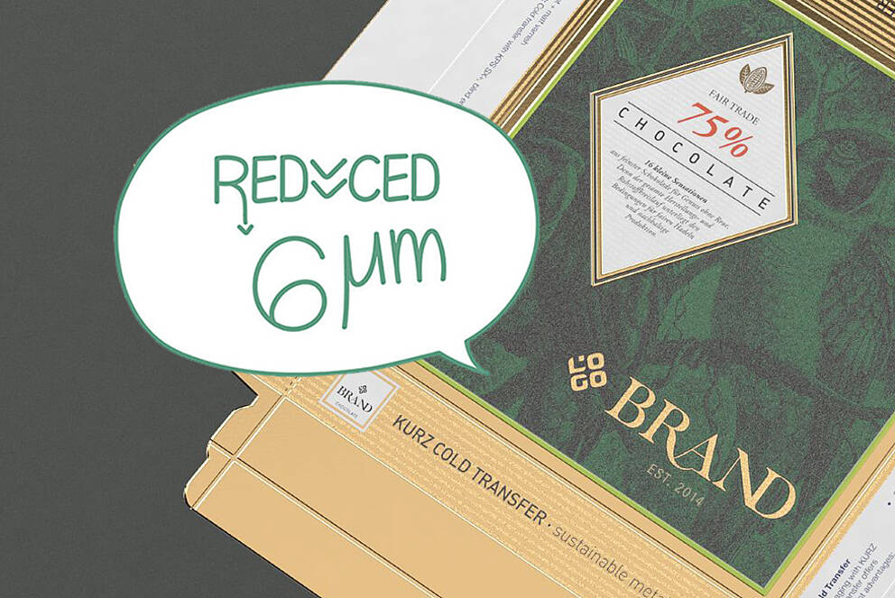 Environmentally Friendly, Recyclable & Less Waste: KURZ Surface Finishes for Food Chocolate packaging with cold foil application with reduced PET substrate